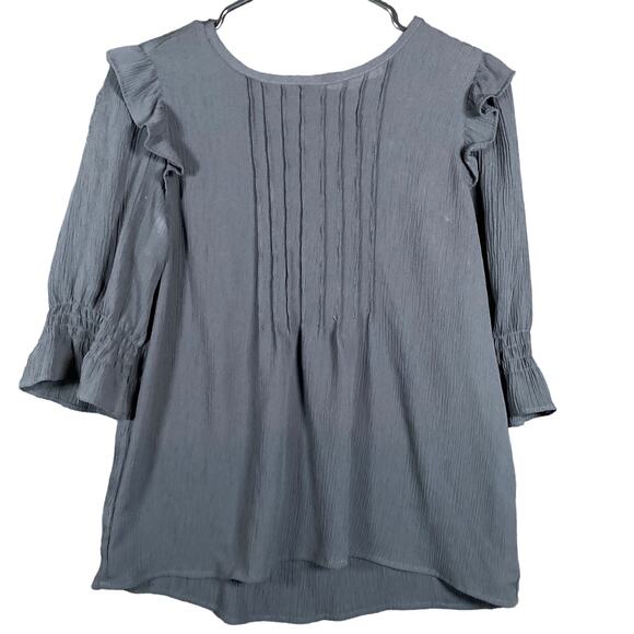 LOFT Tops - LOFT Womens Blouse Black Pleated Front 3/4 Flared Sleeve Ruffles Stretch Small